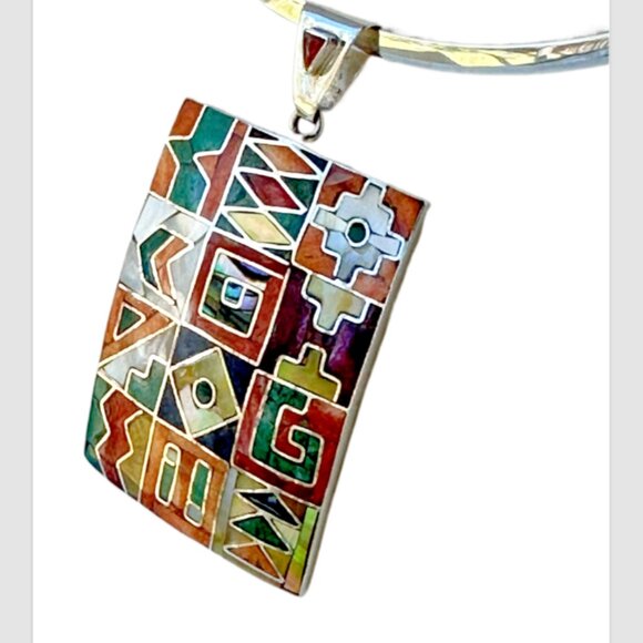 Peruvian 950 Sterling Silver Pendant | Rectangular Mosaic Inlay | Natural Stones - Picture 1 of 12